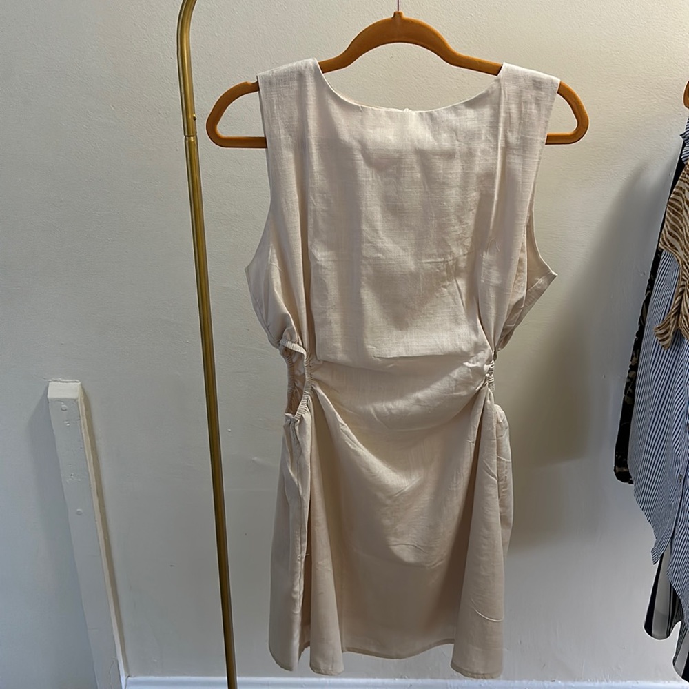 Beige Dress w Symmetrical Cut-Outs at Waist.